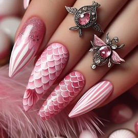 LOPMNGHT Almond Tip Press on Nails Long Length Pink Fish Scales Pattern Design Full Cover Glossy Acrylic False Nail Almond Shaped Stick on Nail 24Pcs Pink French Tip Press Ons Glue on Nails for Women