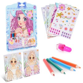 Aomig Watercolor Painting Book for Kids, Arts and Makeup Crafts for Kids, Drawing Set for Girl Travel Pocket Watercolor, Make Up Play on Paper & Princess Dazzling Stickers for Girls Birthday