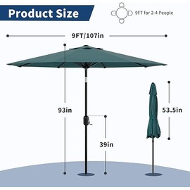 IDEALHOUSE 9Ft Outdoor Patio Umbrella, 8 Sturdy Ribs Table Umbrella With Crank Lift & Push Button Tilt, Market Umbrella UV Protection Waterproof for Garden, Deck, Backyard, Pool, Green