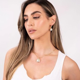 Barzel 18K Gold Plated Elephant Necklace & Earrings Set White- Made In Brazil