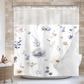Omifly Watercolor Floral Shower Curtain with Snap in Liner 72Wx72H Inch Blue Beige Flowers Shower Curtains for Bathroom See Through Mesh Top Window Fabric Waterproof Cloth Home Decor 12 Pack Hooks