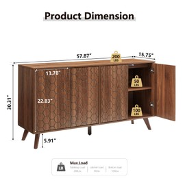 RARZOE Sideboard Buffet Cabinet with Storage, Long Sideboard Storage Cabinet with 4 Doors, Wood Credenza Console Coffee Bar Cabinets with Adjustable Shelves for Living Room Kitchen Dining Room,Walnut