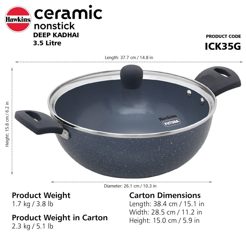 HAWKINS Ceramic Nonstick 3.5 Litre Deep Kadhai, Induction Deep Fry