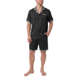 DAVID ARCHY Mens Satin Pajamas Set Soft Lightweight Summer Sleepwear Short Sleeve 2-Piece Lounge Set with Pockets (L, Black)