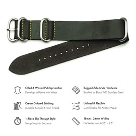 Benchmark Basics Leather Watch Band - Zulu Crazy Horse Oiled Leather One-Piece Watch Strap - 24mm, Dark Green