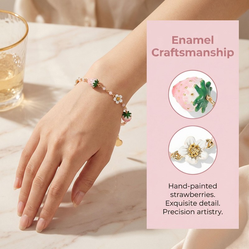 Strawberry Charm Bracelet Gold Enamel Dainty Fruit Women Jewelry