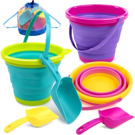 JOYIN Cubo de Playa Plegable Paquete -3 Bolsa Cubo de Juguete de Playa Plegable, con Pala y Mochila de Malla, Adecuado para Fiestas de Playa para niños, Equipo de Campamento, Viajes, Cubo de Pesca