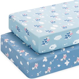 Yukkidds Cot Sheets 140 x 70 Fitted Cot Bed Sheets 2 Pack Toddler Bed Sheets Super Soft & Breathable Microfiber Blue Cow