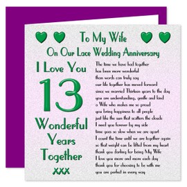 My Wife 13th Wedding Anniversary Card - On Our Lace Anniversary - 13 Years - Sentimental Verse I Love You