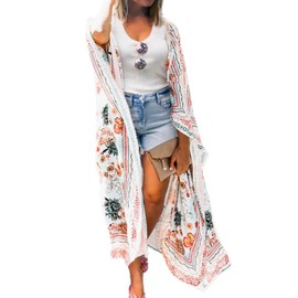 Women's Long Kimonos Summer Chiffon Cardigans Boho Beach Bathing-Suit Open Cover-Ups Tops L