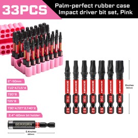 Geinxurn Impact Torx Screwdriver Bits Set, 33 Pieces 2”Magnetic S2 Steel Multi Star Driver Bits(T10-T40) and 1 Pc Bit Holder with Pink Soft Base