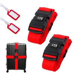 Pack of 2 Luggage Strap with Lock, Suitcase Strap Striking, Durable Webbing with High Density, Luggage Strap Ideal Over Cross, Includes 2 Name Tags, Red (Colour)