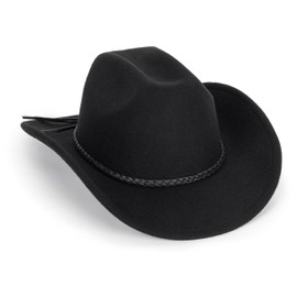 Classic-Western-Cowboy-Hat Upturn-Brim Felt-Cowgirl-Hat Rodeo-Hat with Belt for Women Men (Fit for 22.4-23.2") Black