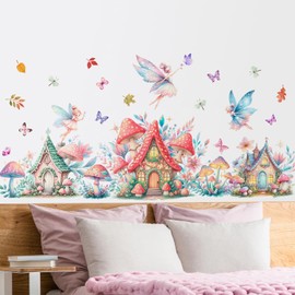 DTLIFEK Mushroom House Fairy Wall Decals Cute Elf Flowers Butterflies Wall Stickers Removable Princess Rainbow Castles Wall Art Garden Plant Grass Vinyl Peel and Stick Wallpaper for Kids Bedroom Decor