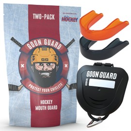Goon Guard - Protector bucal de hockey sin tirantes - Protector bucal de hockey para adultos y aparatos ortopédicos: 2 veces la absorción de impactos, fabricado en los Estados Unidos, funda incluida (disco negro y naranja brillante)