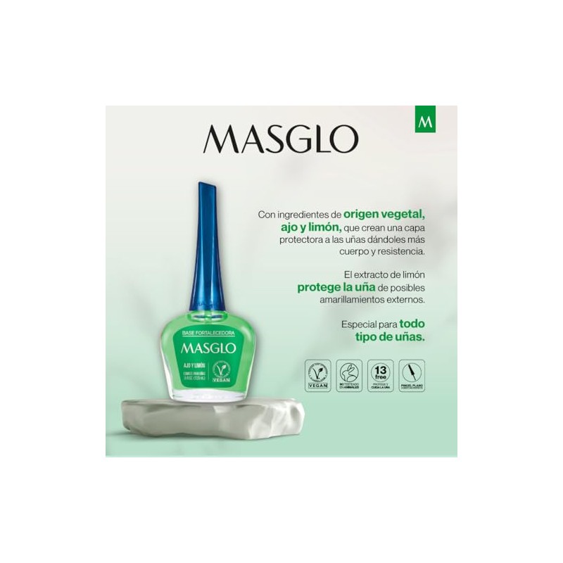 Masglo Base Fortalecedora Ajo y Limón – Esmalte Tradicional para