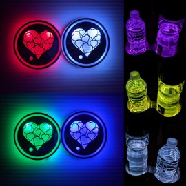 2 PCS LED Cup Holder Lights, 7 Colors Changing Cup Holder Coasters for Car USB Charging LED Car Cup Holder Lights, Cup Holder Light Car Accessories for Teens (Heart)