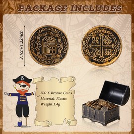 500 Pcs Pirate Coins Plastic Coins Replica Spanish Doubloons Kids Fake Play Coins for St. Patrick's Pirate Party Treasure Chest Board Games Tokens Toys Cosplay (Bronze, Round)