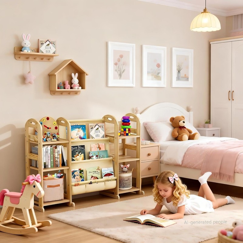 Kids Bookshelf and Toy Storage Organizer, Wood Book Shelf for