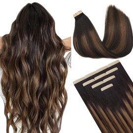 DOORES Human Hair Extensions Tape in Hair, Chocolate Brown to Caramel Blonde 12 Inch 20g 10pcs, Tape in Hair Extensions Real Human Hair Straight Remy Hair Skin Weft