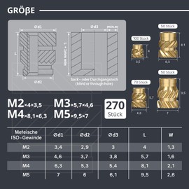Dayalo Pack of 270 Threaded Inserts, M2 M3 M4 M5 Press-in Nuts for 3D Printing Accessories, Brass Threaded Bushings, Can be Used by Heat in 3D Printing Plastic Parts