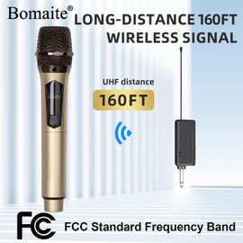 bomaite Wireless Microphone System with Receiver, Handheld J Gold Dynamic Wireless Microphone, Suitable for Karaoke, Wedding, DJ, Party, Speech, Church, Classroom, 200ft