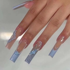 Gifiky Luxury 3D Daisy Pearls Press on Nails Gradient Fake Nails French Nails Tips Full Cover Long Square False Nails for Women and Girls 24Pcs, Nude