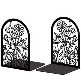 ORIGACH Heavy Duty Metal Bookends Decorative Flowers Design Sturdy Book Stoppers for Home and Office Black Books Holders for Shelf Desktop Decor
