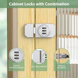 YogePote Adhesive Cabinet Combination Door Lock, Mechanical Keyless 3-Digit Password Safety Locks, Stick-on Combination Latch for Locker, Barn, One-Way Door, Closet, Drawer (1, Silver)
