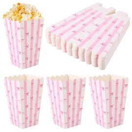 BOXOB 24pcs Pink Bow Popcorn Boxes, Small Snack Treat Bucket Cookie Candy Bowls Popcorn Cones Bags for Boys Girls Birthday Party Favor Supplies (White & Pink)