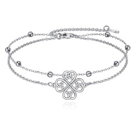 NIFUNAO Four Leaf Clover Anklets for Women Sterling Silver Double Layered Chain for Girls Celtic Knot Anklets for Women Birthday Gifts
