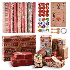 JOYSAL Christmas Wrapping Paper Set, 12 Pieces 70 x 50 cm Kraft Paper Christmas Wrapping Paper and 10 Gift Tags, Recycled Christmas Paper Environmentally Friendly Gift Paper Christmas
