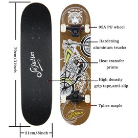 Sefulim 31 x 8 Inch Complete Skateboard 7 Layer Canadian Maple Double Kick Deck Concave Cruiser Trick Skateboard for Boys Girls Teens Adults Beginner