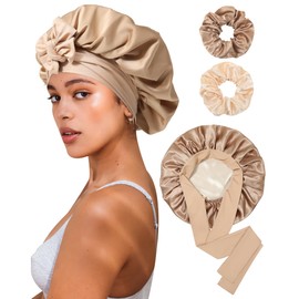 Reversible Satin Bonnet for Sleeping Women Silk Bonnet Double Layer Hair Bonnet with 2PCS Hair Scrunchies Elastic Tie Band Night Cap Hair Wrap for Natural Curly Hair (Coffee + Champagne)