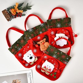 Pack of 4 Christmas Gift Bags, Christmas Drawstring Gift Bag, Candy Bags for Children with Santa, Snowman, Elk, Bear Pattern (22 x 18 cm)