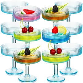 Teenyyou 12 Pcs Ribbed Vintage Coupe Glasses 7 oz Martini Glasses Champagne Coupe Classic Cocktail Glassware Reusable Ribbed Glassware for Cocktail Martini European Style (Blue)