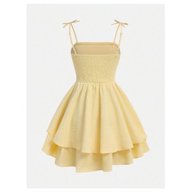 SHENHE Girl's Smocked Ruched A Line Swing Dress Layered Tie Shoulder Flowy Cami Short Dress Mustard Yellow 13 Years