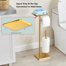 Sfemn Toilet Paper Holder with Tray at The Top, Heavy-Weighted Base No Wobbly, Freestanding Toilet Paper Rolls Stand, Hold Extra 3 Paper Rolls On The Base (Gold)