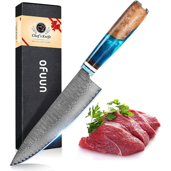 oFuun Chefs Knife 8", Professional 67 Layer Japanese VG10 Damascus Kitchen Knife, Ergonomic Blue Resin Handles, Ultra Sharp Asian Japanese Chef Knife with Gift Box
