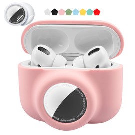2 in 1 Protective Skin Case Compatible for Airpods Pro and Airtag Case Combo Set, Silicone GPS Tracker Cover Holder, Soft Shock-Proof Anti-Scratch Anti-Lost(Pink)