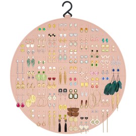 Nesyd Earring Organizer, Hanging Earring Holder Holds Up to 128 Pairs, Stud Earring Organizer Storage, Round Earring Display Earring Holder Organizer for Women Girls-Pink A
