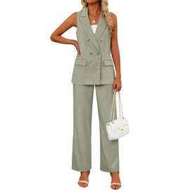 Riyiper Women Suits 2 Piece Sets Button Lapel V Neck Sleeveless Blazer Vest and Wide Leg Pants Suit Matching Outfits(Grass Green,Large)