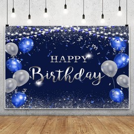 Blue Birthday Backdrop 7x5ft Blue and Silver Balloons Glitter Happy Birthday Photography Background for Men Women 30th 50th 60th Birthday Backdrop Party Decorations Banner Studio Photo Booth Props