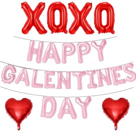 16" Pink Happy Galentines Day Heart Balloons, XXOO Galentines Day Banner Decorations as Party Supplies, Galentine's Day Decor for Home Office Classroom