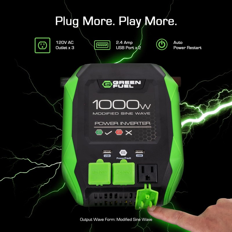 1000W Power Inverter 2000W Peak w/DC 12V to 3X 120V