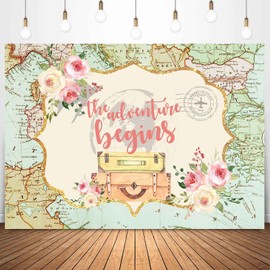 Sensfun The Adventure Begins Backdrop Global Travel Baby Shower Backdrops World Map Photography Background Airplane Adventure Awaits 1st Birthday Welcome Baby Girl Party Decorations Banner 7x5ft