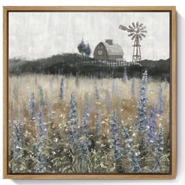 Framed Wall Art Vintage Classical Farmhouse Painting Rustic Countryside Wildflower Field Nature Meadow Landscape Retro Windmill Barn Canvas Print Wilderness Artwork for Bedroom Living Room 14"W x 14"H