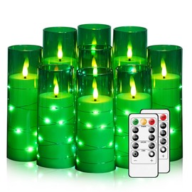 Nimiko Flickering Flameless LED Candles,Battery Operated Candles 9 Pcs with Embedded Star String,Acrylic LED Pillar Candles with Remote,Suitable for Home Decoration to Create an Atmosphere (Green)