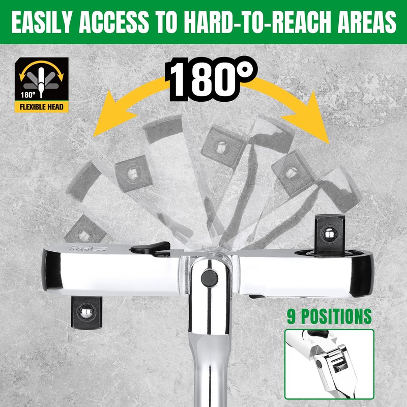 SK 3/8" Drive Flex Head Ratchet Handle, 90-Tooth Ratchet,Premium CR-V