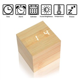 Lancoon Wooden Alarm Clock - Mini Cube LED Digital Clock with Time/Date/Temperature Display, 3 Levels Brightness and Voice Control Great for Home Office Travel - AC10Yellow_White